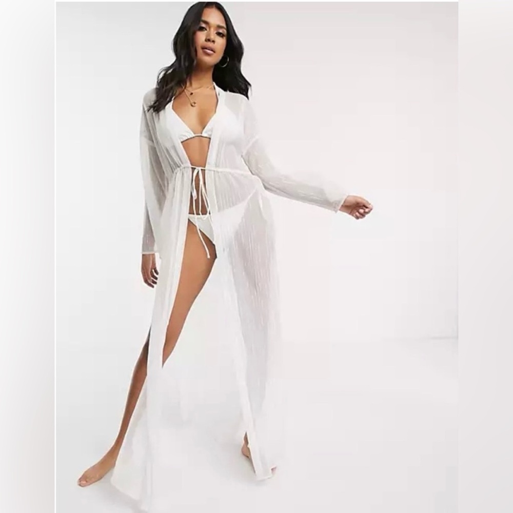 ASOS DESIGN tie front maxi beach kimono cover up in silver white metallic